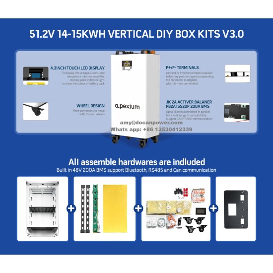 China Stock Docan Apexium Vertical 2.0 DIY Box Kits With 200A JK Inverter BMS PB2A16S20P and 4.3inch Touch LCD Display Enclosure