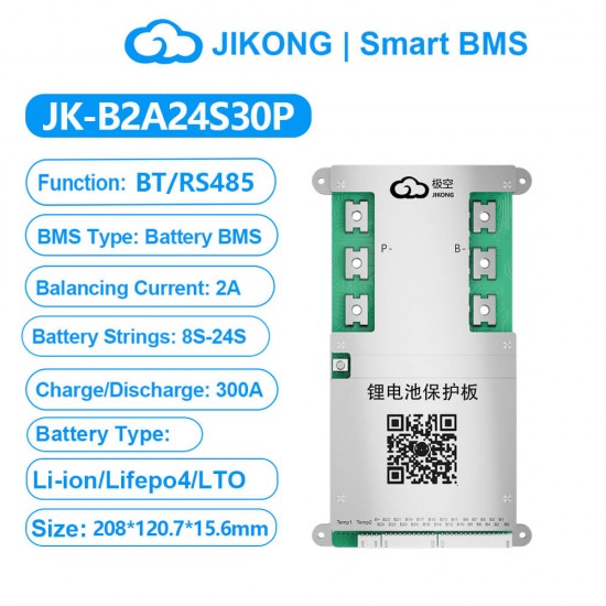 China StockJK 300A BMS B2A24S30P-HC 7S-24S 2A Active Balancing for LiFePO4 Li-ion and LTO Battery Cells